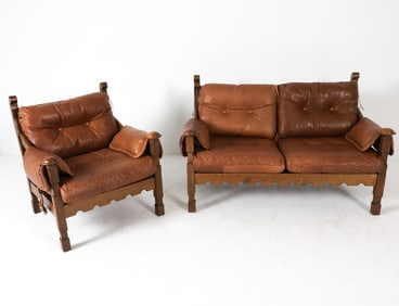 DUTCH BRUTALIST OAK & LEATHER SOFA & CHAIR SUITE