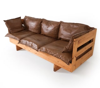 DUTCH PINE & LEATHER SOFA C. 1970S