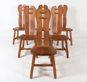 (6) DE PUYDT BRUTALIST OAK DINING CHAIRS C. 1970S