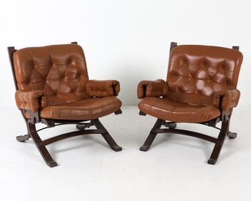 PAIR OF NORWEGIAN COGNAC LEATHER LOUNGE CHAIRS