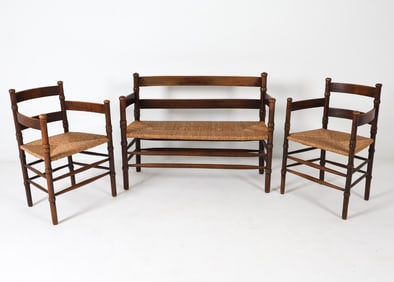 DUTCH RUSTIC OAK & RUSH BENCH & CHAIRS SUITE