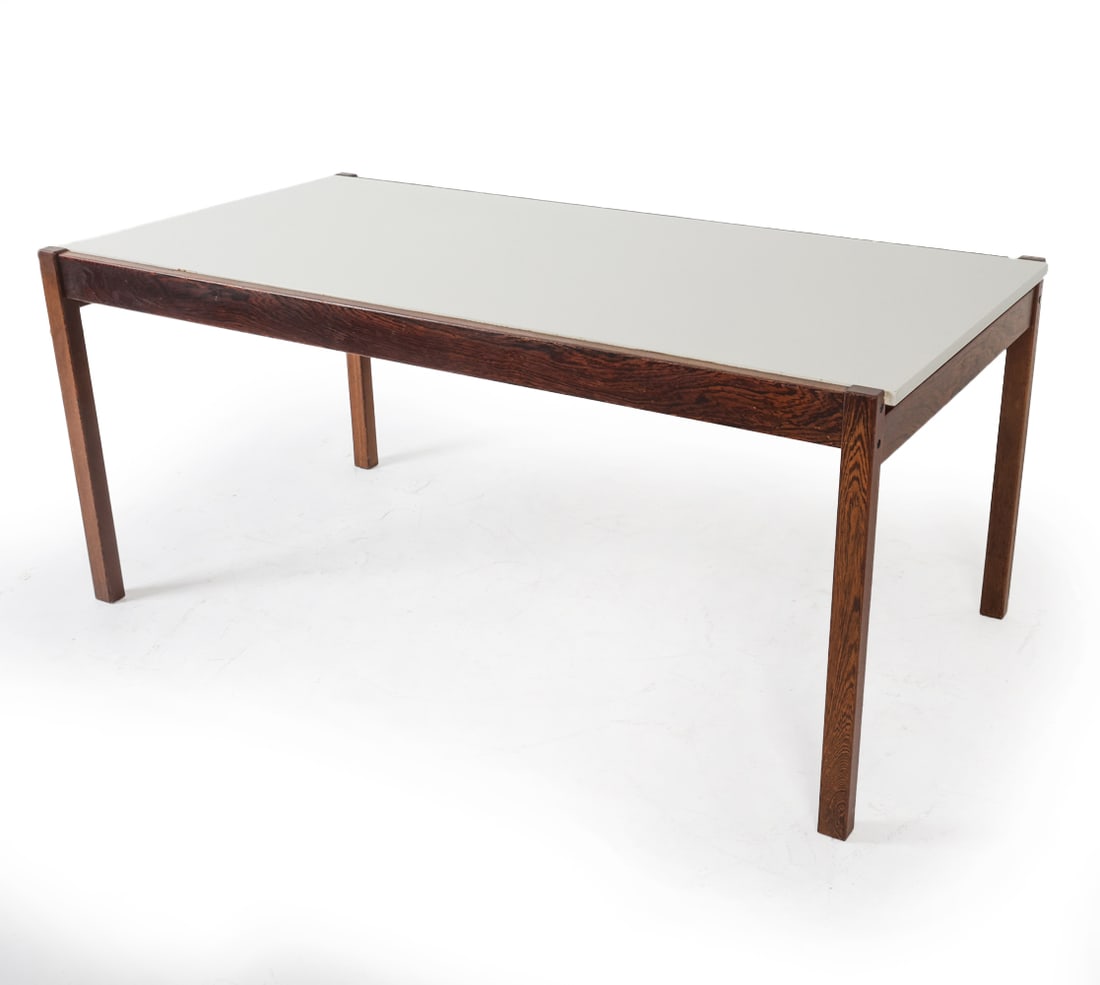 CEES BRAAKMAN TEAK EXTENDING DINING TABLE: A Cees Braakman extending dining table for Pastoe, featuring a sliding top mechanism that reveals an integrated leaf for extension. Netherlands, circa 1960s. Dimensions: H 30" x W 64.5" x D 33". Leaf