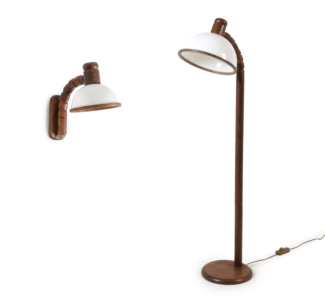 STEINHAUER OAK FLOOR LAMP & WALL SCONCE C. 1970S: Includes floor lamp and wall sconce in similar construction. Tag on back of sconce. Dimensions: Floor Lamp H 58" x W 17.5" x D 12". Sconce H 20" x D 8.5" x D 8". Condition: Wiring untested, European p
