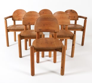 (6) DAUMILLER STYLE PINE DINING CHAIRS C. 1970S