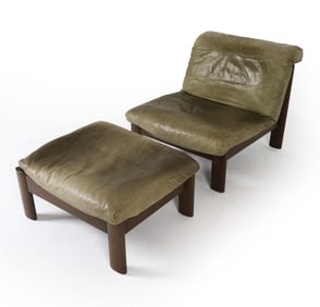 CARL STRAUB OAK & LEATHER LOUNGE CHAIR W/ OTTOMAN