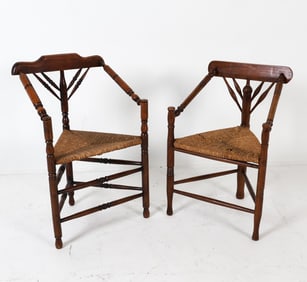 DUTCH OAK & RUSH ARCHITECTURAL CHAIRS C. 1930