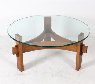GERMAN WALNUT & GLASS COFFEE TABLE C. 1970S