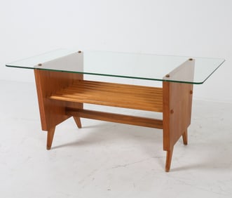 DUTCH WALNUT GLASS TOP COFFEE TABLE C. 1960S