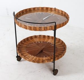MID-CENTURY GLASS & WICKER SERVING TROLLEY