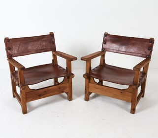 BRUTALIST PINE & LEATHER LOUNGE CHAIRS C. 1970'S