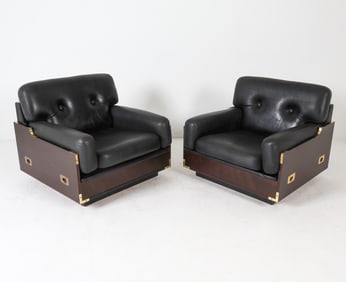 PAIR ITALIAN CAMPAIGN STYLE LEATHER LOUNGE CHAIRS