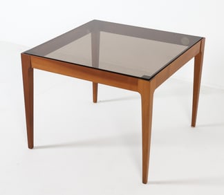 GERMAN SMOKE GLASS & WALNUT SIDE TABLE C. 1960S