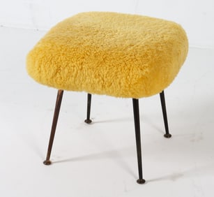 MID-CENTURY LAMBSWOOL & BRASS FOOT STOOL