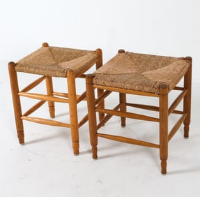 (2) DUTCH OAK & RUSH STOOLS C. 1950S