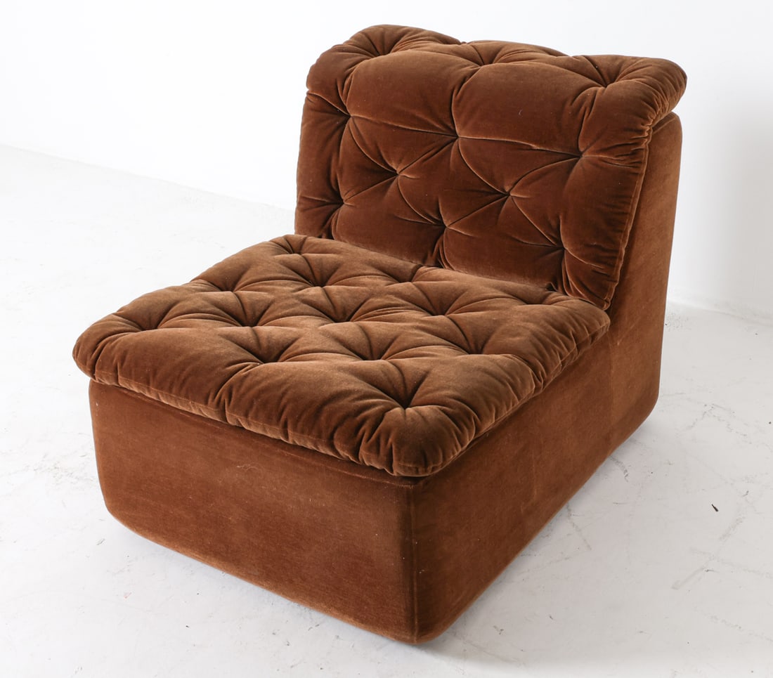 SCANDINAVIAN TUFTED SLIPPER CHAIR C. 1970S: Tufted fabric velour upholstery. Dimensions: H 27" x W 24" x D 32" x SH 14.5". Condition: Some discoloration to fabric under cushion. Few light scuffs and scratches to sides. Wear consistent with age 