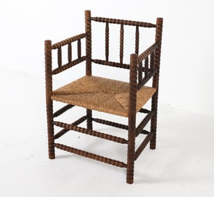 DUTCH OAK & RUSH TURNED BOBBIN ARMCHAIR