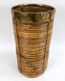 MID-CENTURY ITALIAN RATTAN & BRASS UMBRELLA STAND