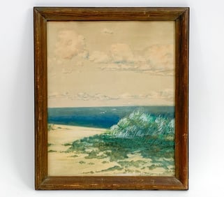 WILBUR T. MILLS BEACH SCENE WATERCOLOR C. 1944