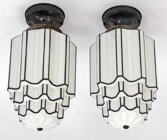 PAIR OF ART DECO GLASS SKYSCRAPER LIGHT FIXTURES