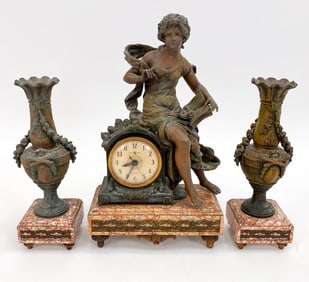 FRENCH MANTEL CLOCK WITH/ GARNITURE