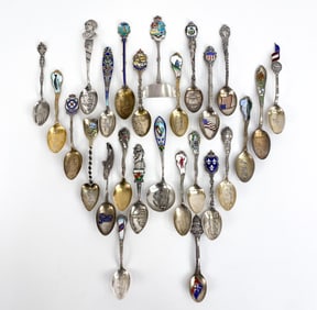 STERLING SILVER & ENAMEL SOUVENIR SPOON GROUPING