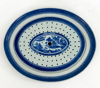 CHINESE BLUE & WHITE MEAT PLATTER W/ STRAINER