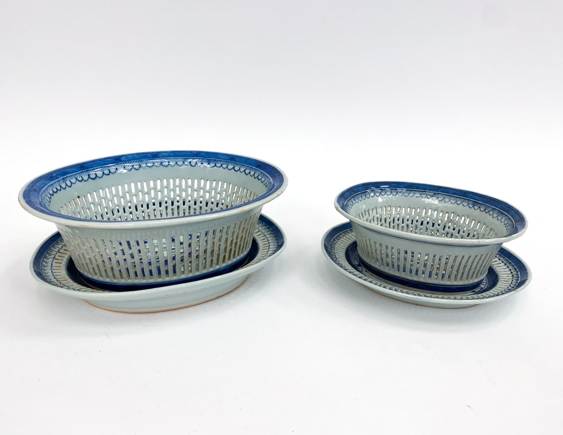 CHINESE CANTON BLUE & WHITE RETICULATED BASKETS: Includes one smaller basket with under plate and a larger matching basket with under plate. All apparently unsigned. Dimensions: (Larger) H 4.5" x W 9.5" x D 11" Condition: A few nicks to top rim of s