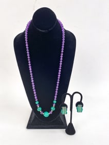 AMETHYST & MALACHITE BEADED NECKLACE & EARRINGS