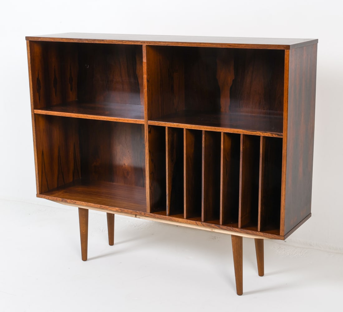 DANISH ROSEWOOD MEDIA CABINET C. 1970S: Dimensions: H 40.25" x W 47.5"x D 12" Condition: Minor rubbing to edges. Previous repair to back panel. Presents well overall. A101