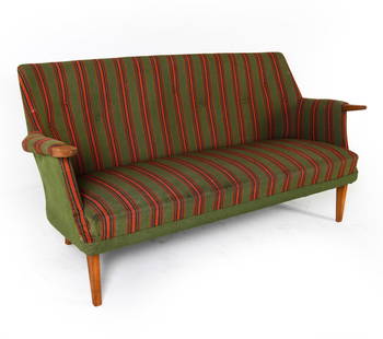 KURT OLSEN STYLE DANISH TEAK SOFA C. 1950S: Exposed teak arms. Red and green striped wool fabric upholstery. Denmark, circa 1950s. Dimensions: H 38" x W 58" x D 24" x SH 16". Condition: Some rubs to wood on arms, small scuffs to legs. Fabric is