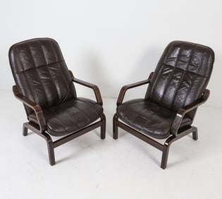 PAIR OF DANISH BEECH & LEATHER EASY CHAIRS