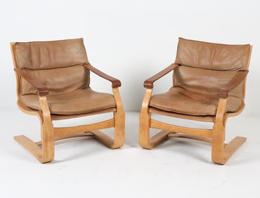 ATTR. AKE FRIBYTTER LEATHER LOUNGE CHAIRS C. 1970S