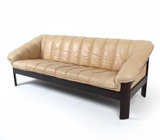 PERCIVAL LAFER STYLE LEATHER & BEECH SOFA C. 1960S