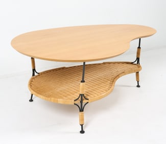 DANISH BEECH & RATTAN CONTOURED COFFEE TABLE