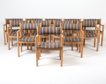 (12) DANISH BEECH & WOOL DINING CHAIRS C. 1970S