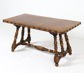 SPANISH STYLE OAK & LEATHER COFFEE TABLE