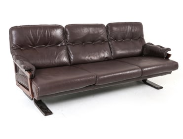 ARNE NORELL SWEDISH TOP STITCHED LEATHER & OAK SOFA