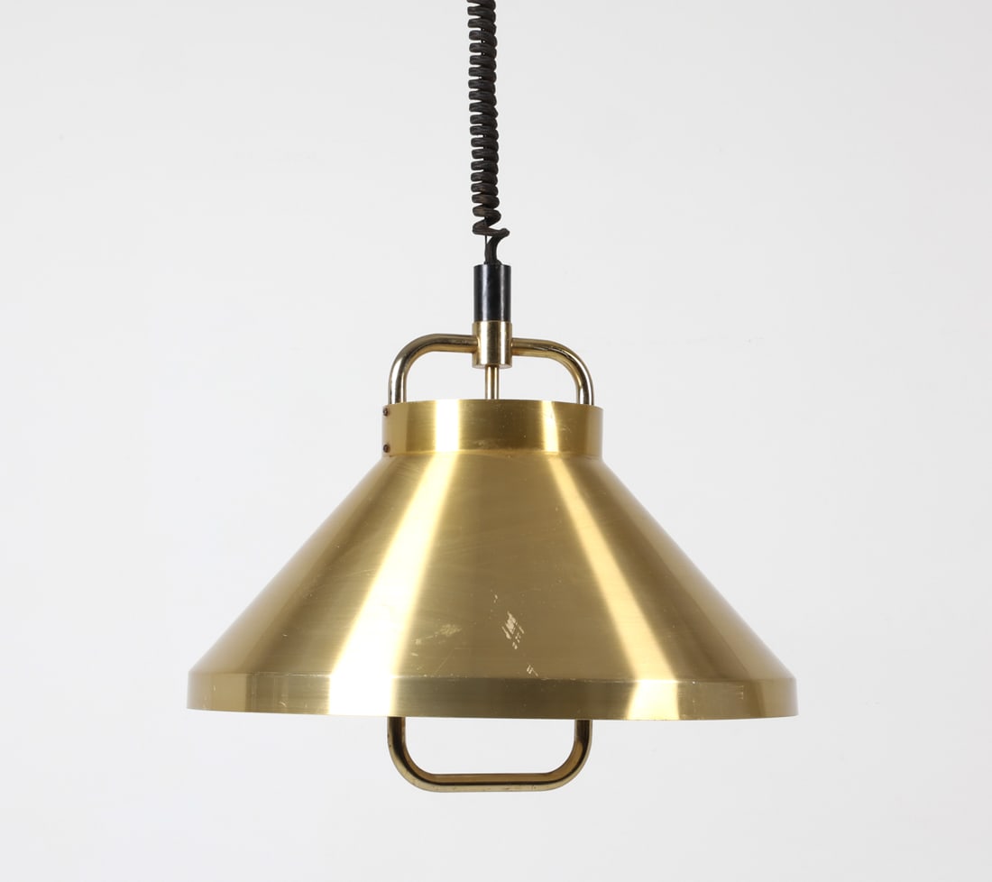 JO HAMMERBORG FOR FOG & MORUP BRASS PENDANT LIGHT: Brushed brass pendant light with elevating cord. Apparently unsigned. Denmark, circa 1960s. Dimensions: H 12.5" x Dia. 16.5". Condition: Some scuffs and scratches to brass finish. Slight discoloration