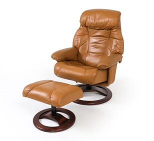 SCANDINAVIAN LEATHER SWIVEL LOUNGE CHAIR & OTTOMAN