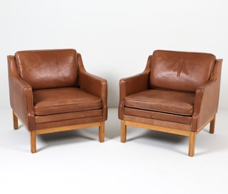 PAIR MOGENSEN STYLE DANISH LEATHER LOUNGE CHAIRS