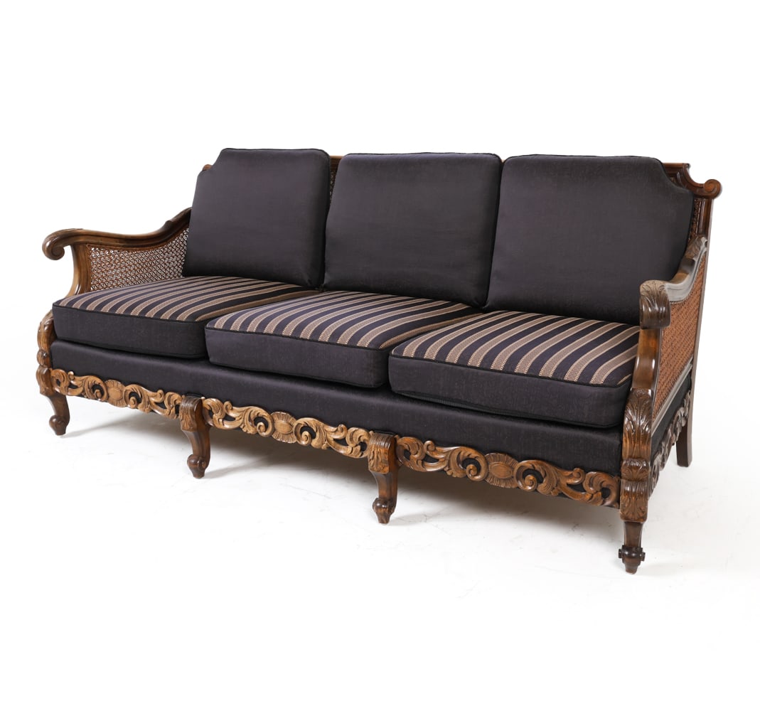 DANISH CARVED WALNUT & CANED SOFA (1 of 18)