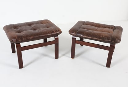 PAIR OF DANISH BEECH & LEATHER OTTOMANS C. 1960S