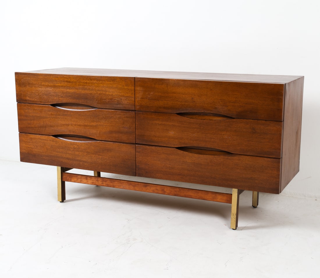 AMERICAN OF MARTINSVILLE MAHOGANY DRESSER: Signed inside top left drawer. Circa 1960s. Dimensions: H 30" x W 60" x D 18.75". Condition: Few light surface scratches to top. Few light scuffs and dings to drawer fronts. Wear consistent with age a