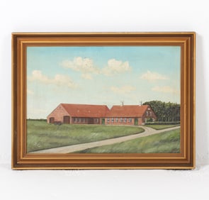 SCANDINAVIAN LANDSCAPE BARN O/C PAINTING 20TH C.