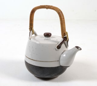DANISH CERAMIC TEAPOT W/ RATTAN HANDLE C. 1970S