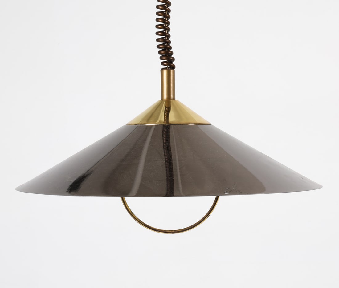 SAUCER PENDANT LIGHT BY MASSIVE C. 1960S: Steel saucer with brass cap. Pulley mechanism for elevation. Tag inside canopy. Belgium. Dimensions: H 14.5" x Dia. 20". Condition: Wiring untested. Few scuffs and scratches to shade. Some sticker res