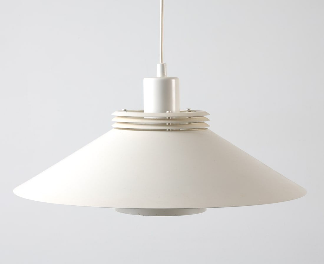 JEKA DANISH STEEL PENDANT LIGHT C. 1960S: Labeled underneath. Dimensions: H 9" x Dia. 17". Condition: Wiring untested. Few faint scuffs to shade. Wear consistent with age and use. DMO157