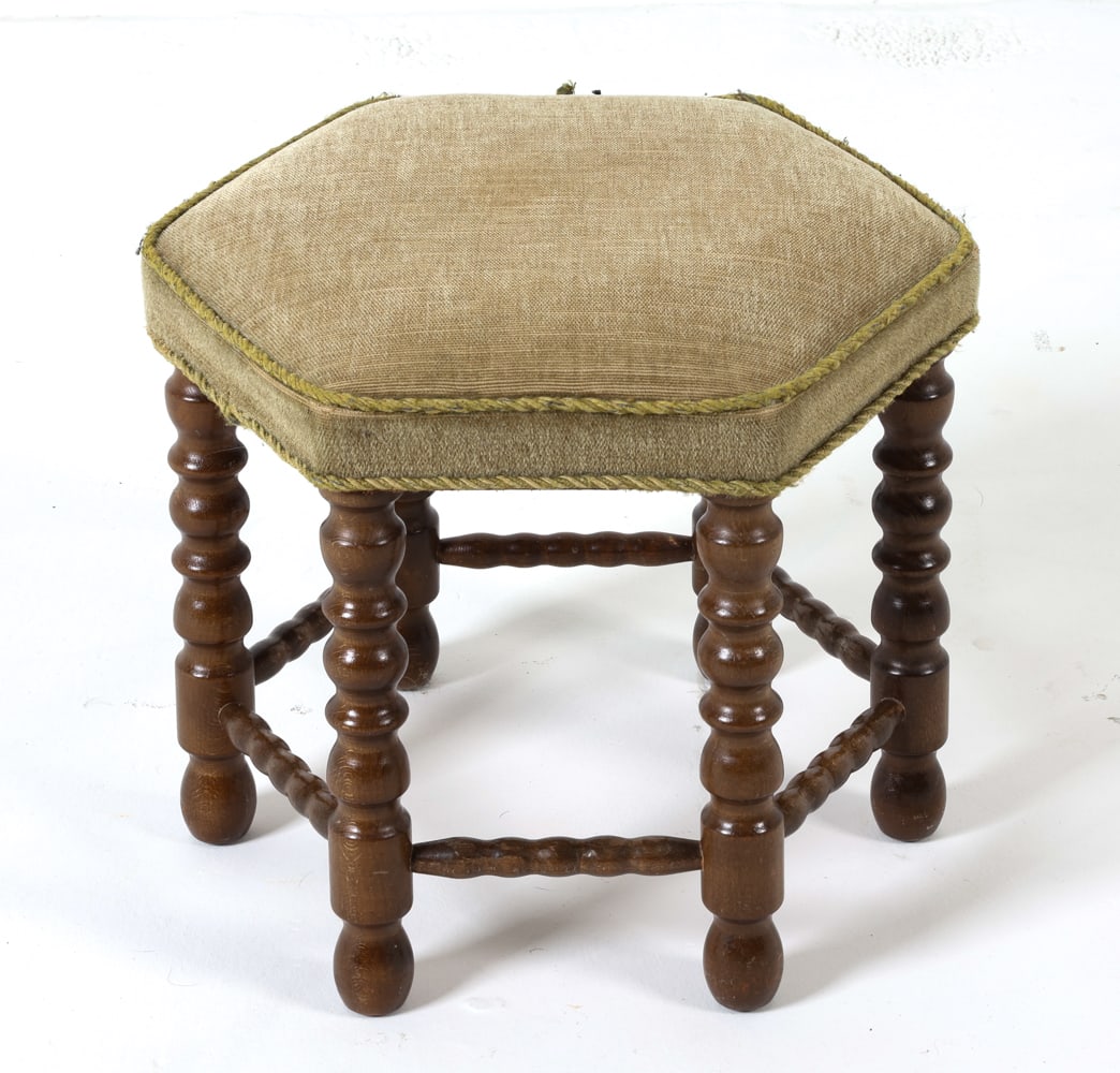 MOHAIR AND CARVED OAK OTTOMAN: Carved oak ottoman, circa 1960's. Dimensions: H 13.5" x W 14" x D 14". Condition: Some balding to mohair, fabric trim loose in places. Wear consistent with age and use. DMO029