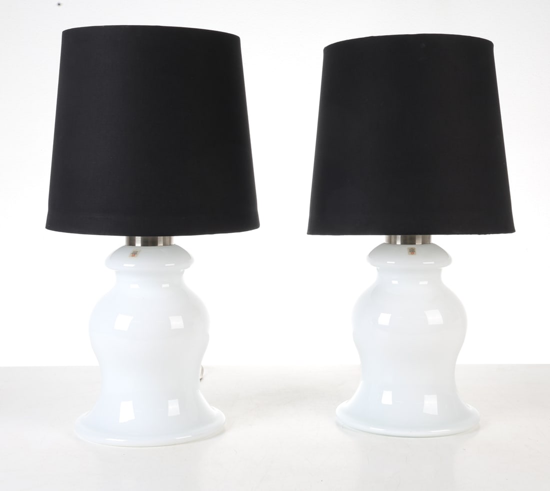 PAIR OF HOLMEGAARD DANISH GLASS TABLE LAMPS: Labeled. Circa 1970's Dimensions: (with shades) H 24.5" x Dia 14" Condition: Presents well overall. Cut wires. Untested. GCD218