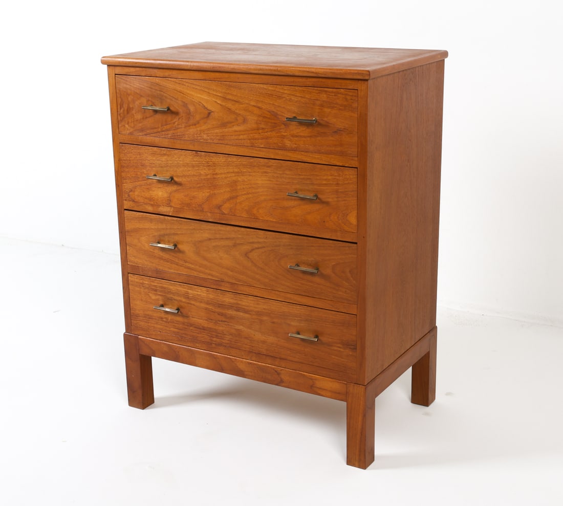 DANISH TEAK CHEST OF DRAWERS C. 1960S: Dimensions: H 37" x W 28.5" x D 17.5". Condition: Some areas of fading to top. Few scuffs and rubs to brass pulls. Wear consistent with age and use. GCD084
